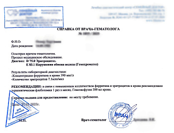 Справка от профильного врача
